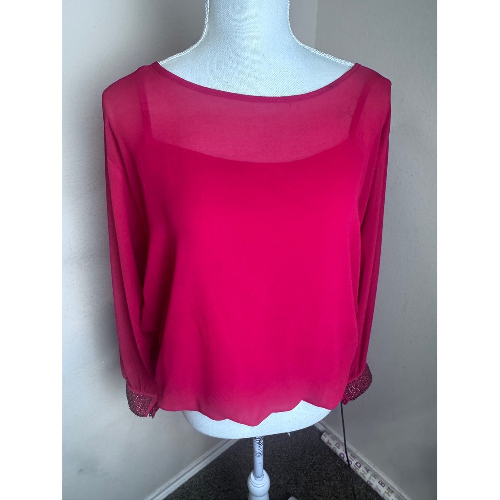 Iz Byer Womens Red‎ Sheer Blouse Rhinestone Cuff Long Sleeve Top Small